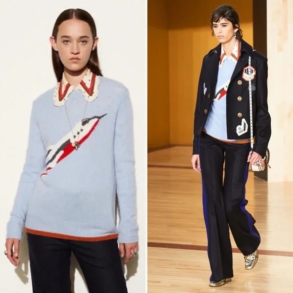 Coach 1941 Powder Blue Intarsia Sweater M 100% Cashmere Rare HTF Runway - Picture 1 of 14